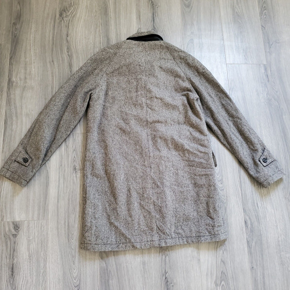 Billy Reid Herringbone Leather Trim Wool Coat Men's Size XL Mid Length Overcoat - Picture 2 of 10